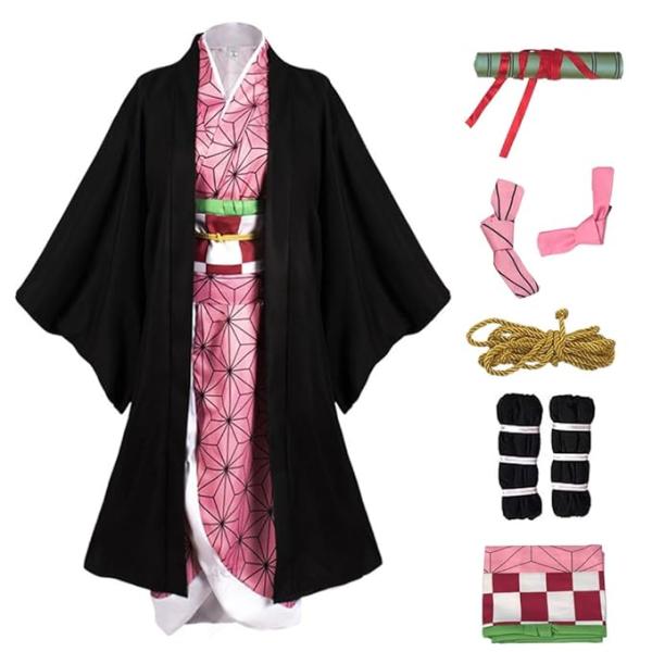 Women Anime Demon Slayer Cosplay Costume Dress Kamado Nezuko Demon Slayer Outfits Cloak Cape with Hairwear (Medium)